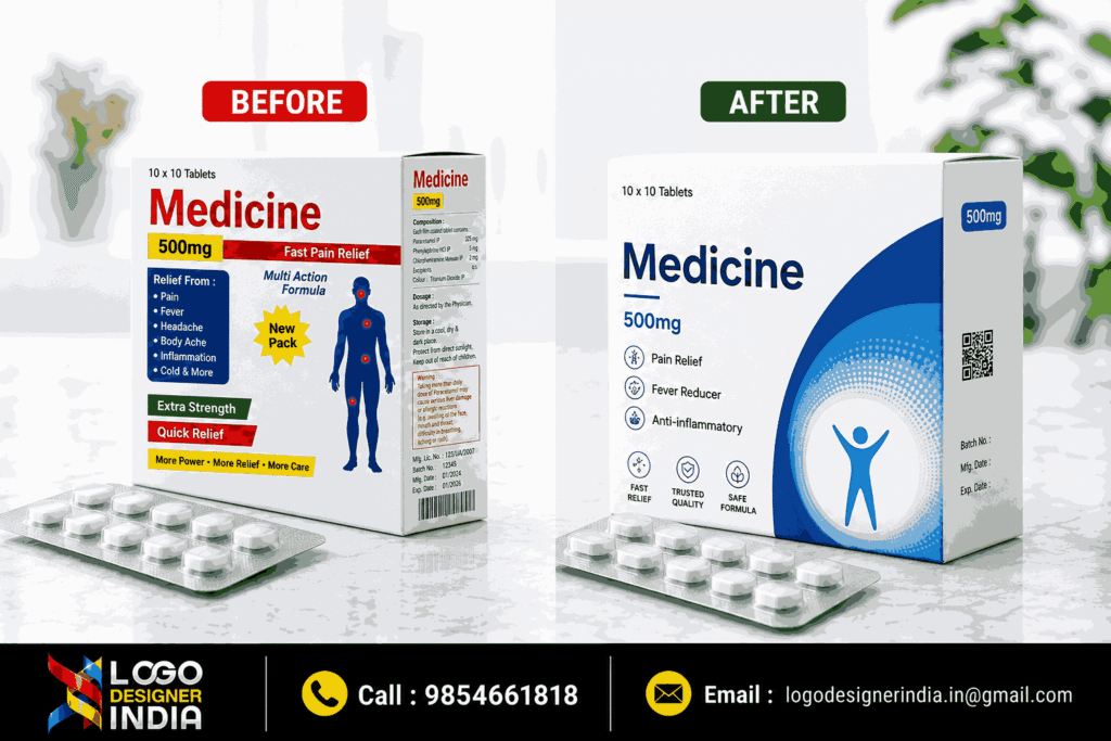 Before and after redesign by a Pharma Packaging Design Services In Pune