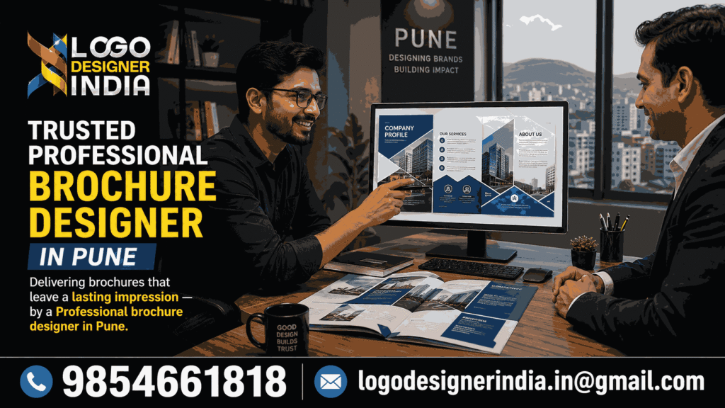 Professional brochure designer in Pune presenting final brochure design to client