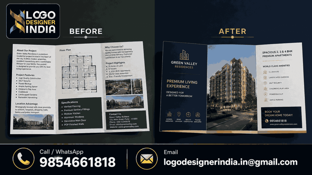 Before and after brochure redesign by real estate brochure designing company in Pune