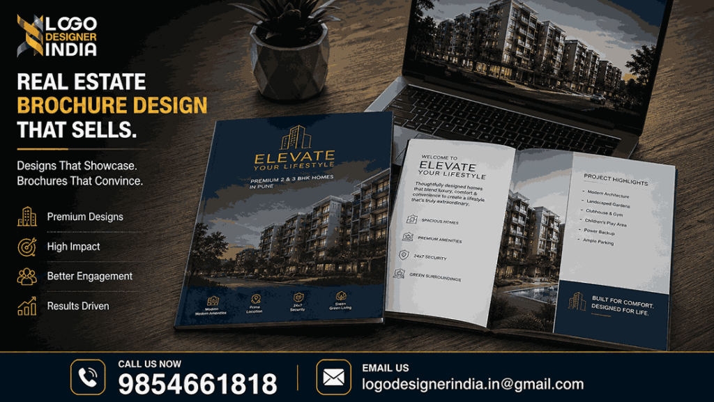 Real estate brochure designing services Pune mockup with 3D renders