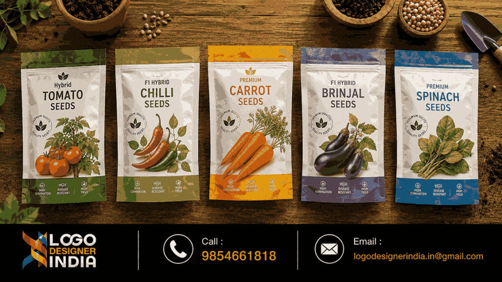 Seeds Packaging Design Company In Pune showcasing multiple seed pouch designs.