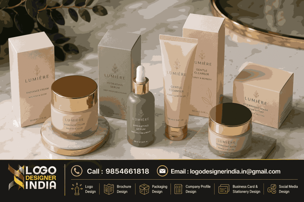 Top Cosmetic Packaging Design Company In Pune creating elegant cosmetic packaging mockups
