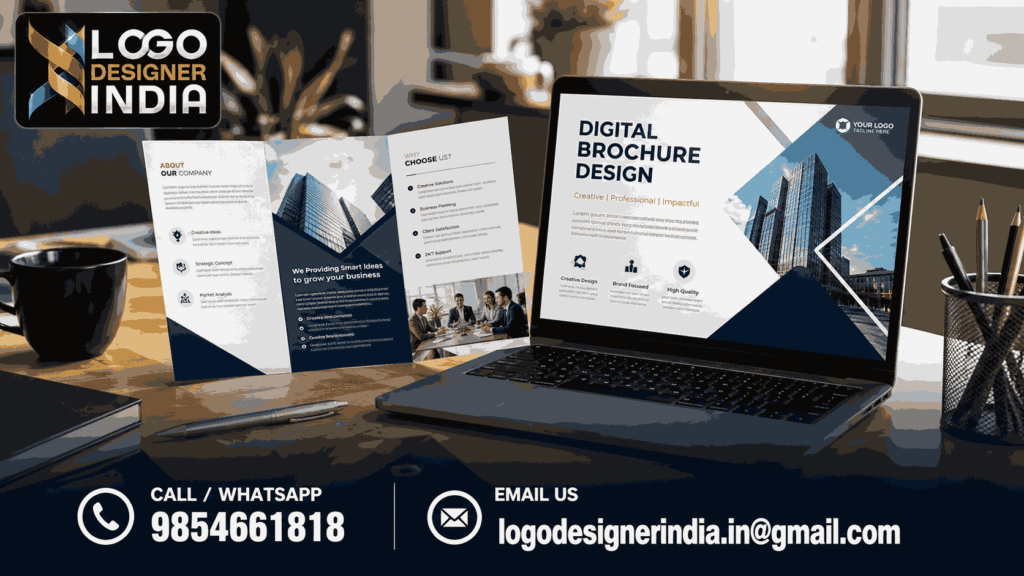 Top Digital brochure designing services in Pune showcased on laptop and print