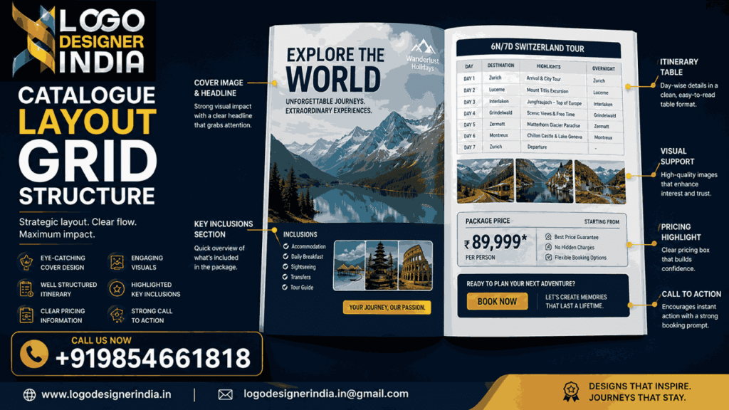 Grid-based layout structure used by an International tour catalogue layout designer