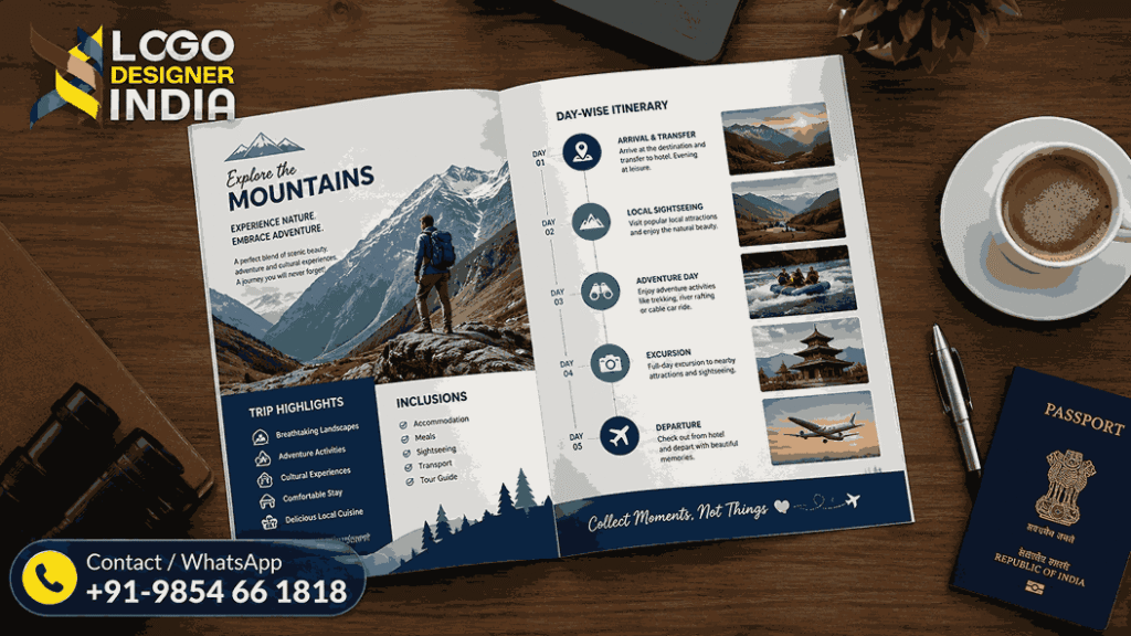 Sample brochure layout created by travel tour catalogue designers