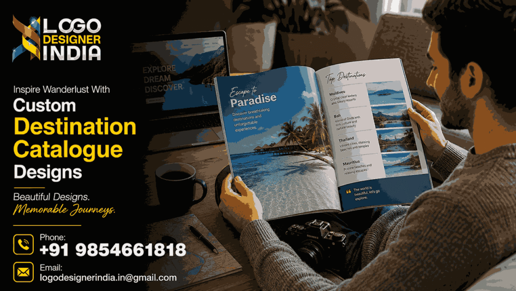 Traveler reviewing a custom destination catalogue designed by a professional design agency