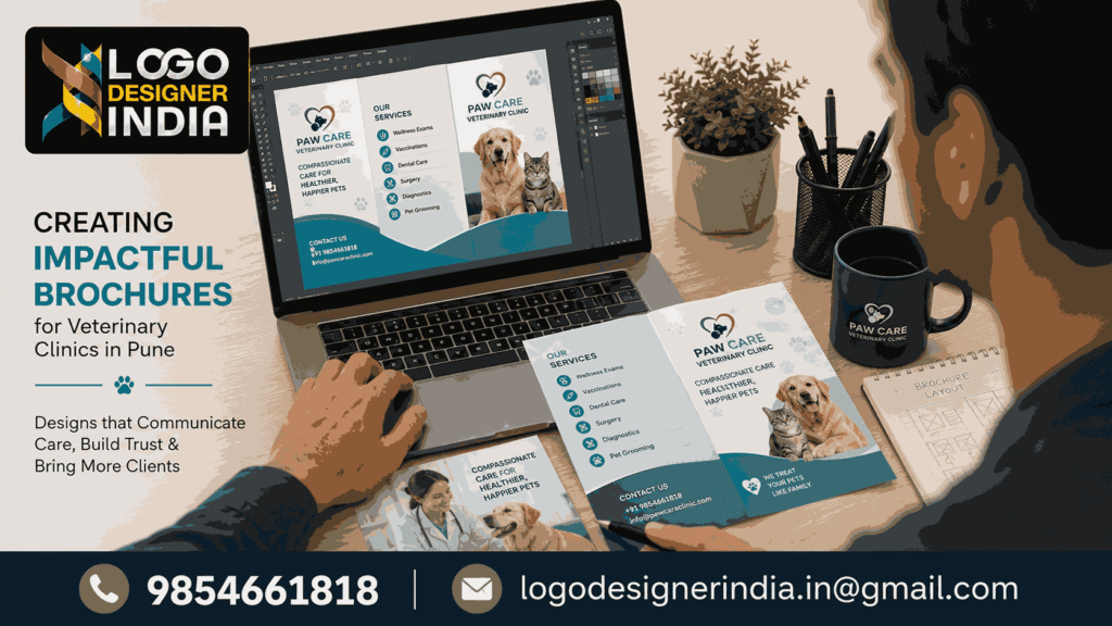Veterinary brochure designer in Pune working on clinic brochure layout