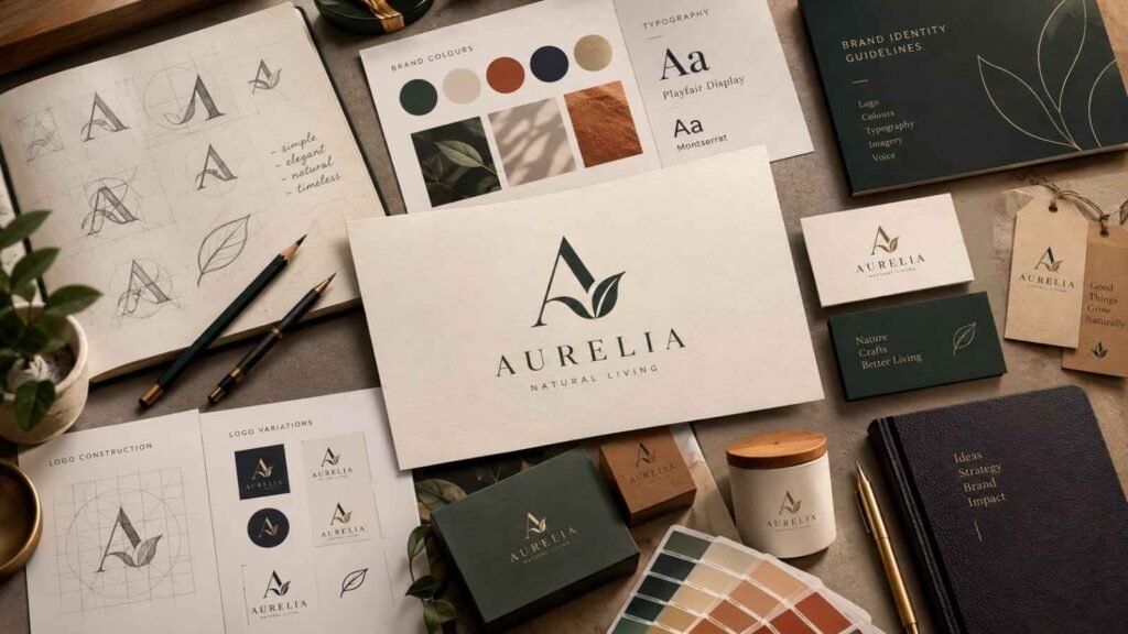 Premium brand identity presentation showcasing logo design sketches, typography, color palettes, stationery, packaging, and logo concepts for choosing the best logo designer.