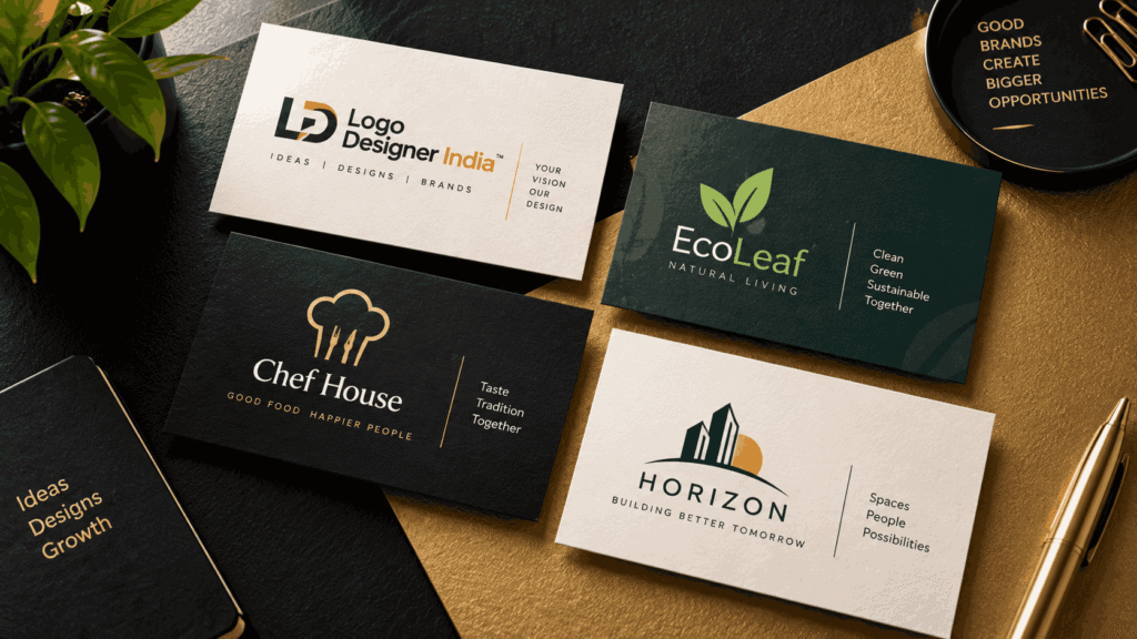 Business cards showcasing modern logo designs by a Logo Designer Agency in India and professional brand identity concepts