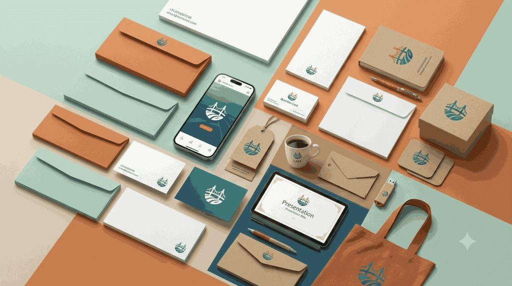 Top logo designer in Pune showcasing a complete corporate brand identity system with stationery, mobile app, and packaging design