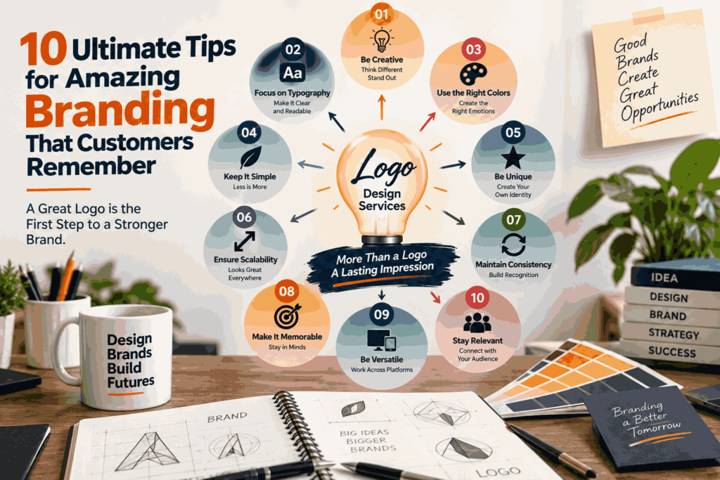Logo Design Services infographic showing 10 tips for creating memorable branding