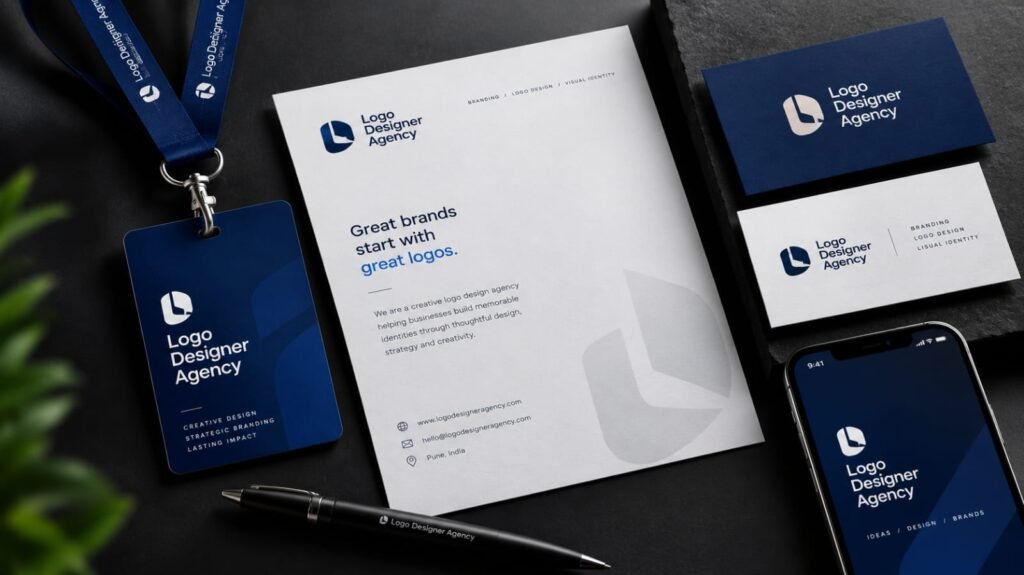Logo designer agency in Pune branding mockup with stationery and digital brand identity