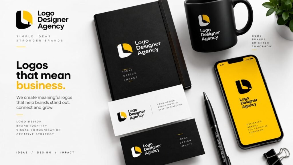 Logo designer agency in Pune corporate brand identity with business cards and ID badge