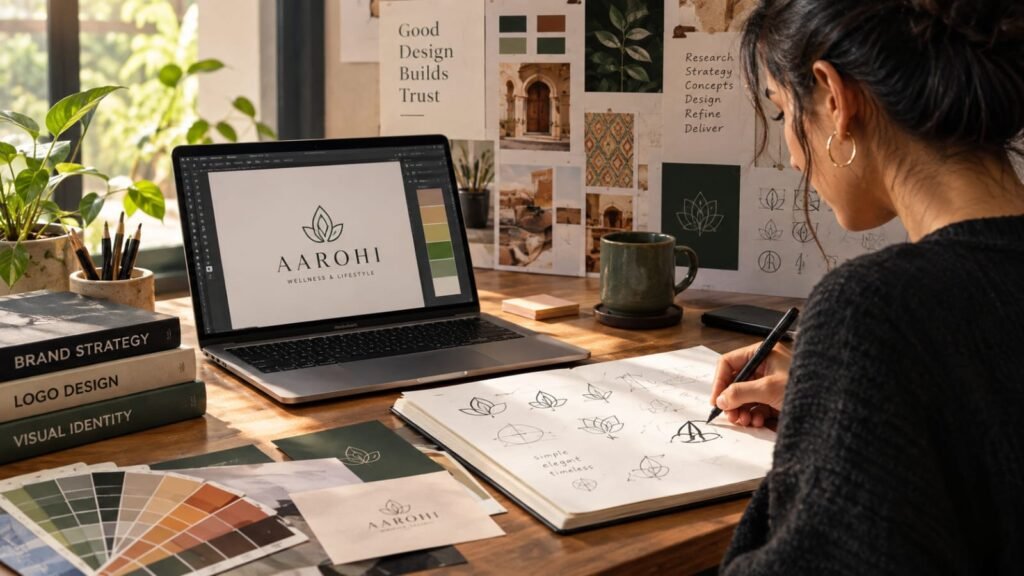Logo Designer India developing a custom brand identity using logo sketches, typography, color palettes, and digital design