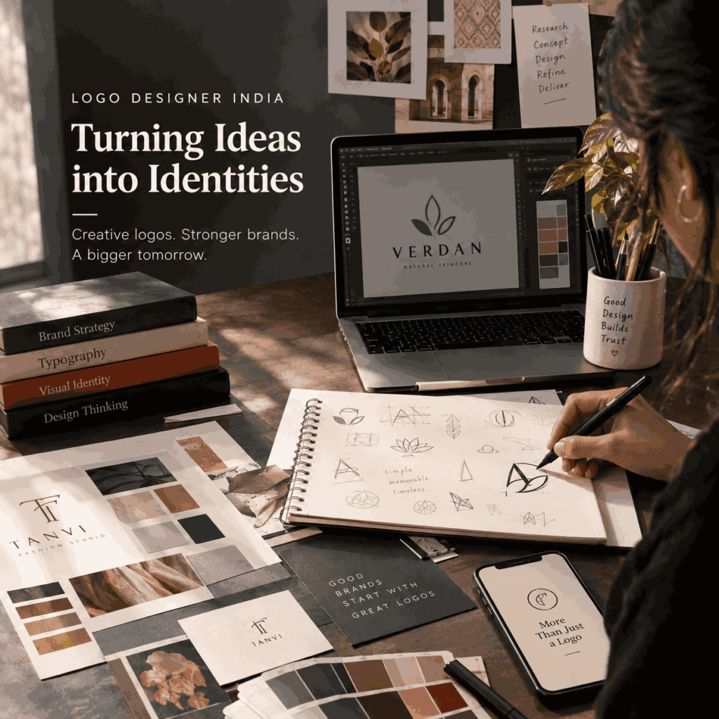 Logo Designer India creating a professional brand identity with logo sketches and digital design