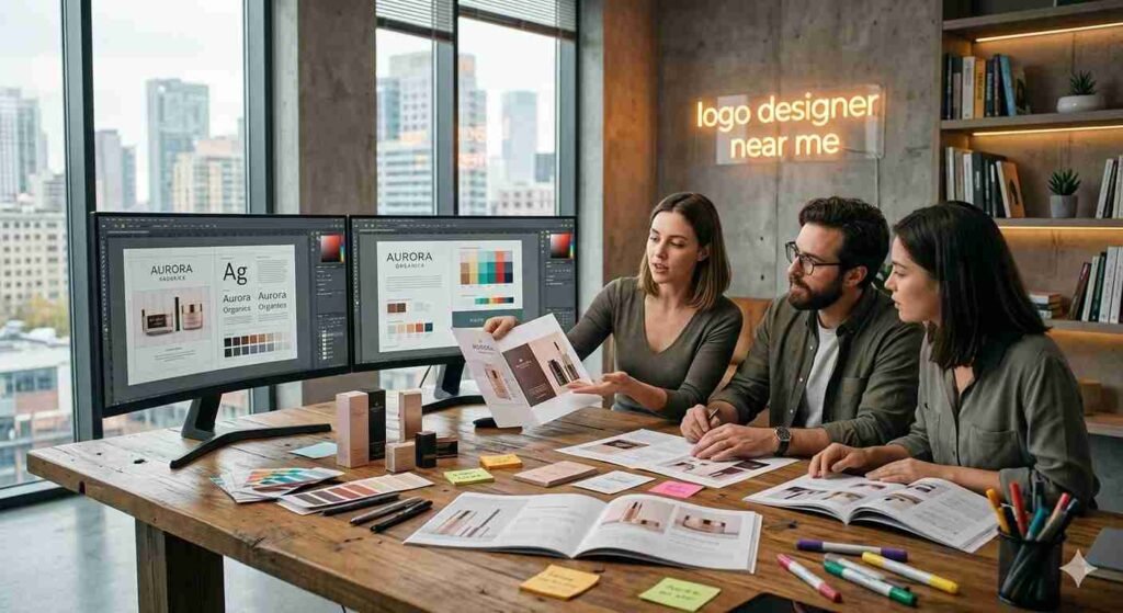 Three professional graphic designers collaborating on premium packaging layouts around a wooden desk in a modern creative agency studio with a glowing "logo designer near me" neon sign in the background.