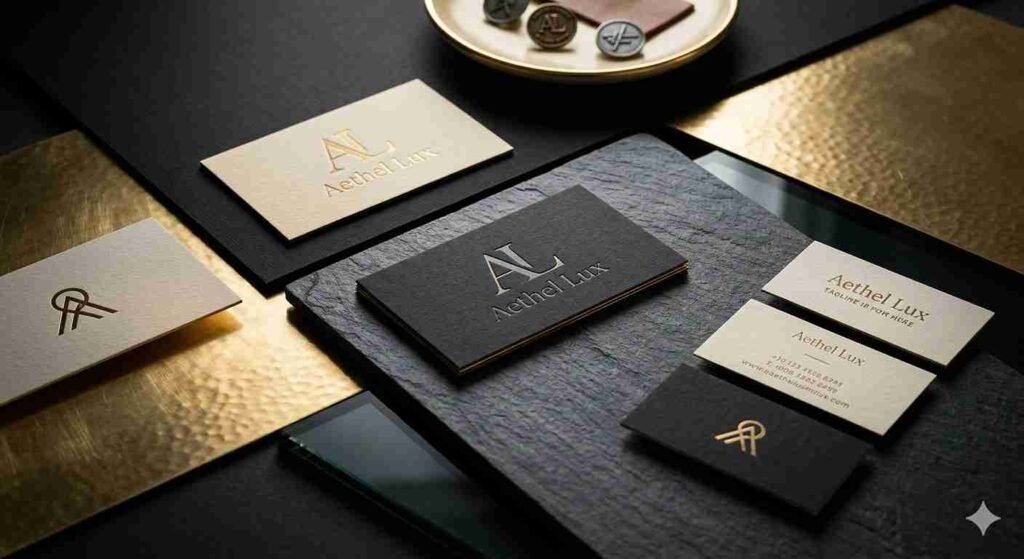 Luxurious branding mockup featuring premium textured logo business cards with gold foil lettering, arranged elegantly on matte black slate and brushed gold surfaces under cinematic lighting for logo designer near me