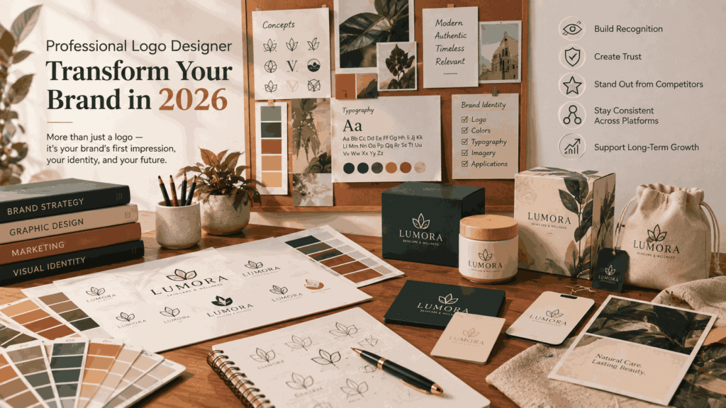 professional logo designer creating a modern brand identity with logo concepts and color palettes