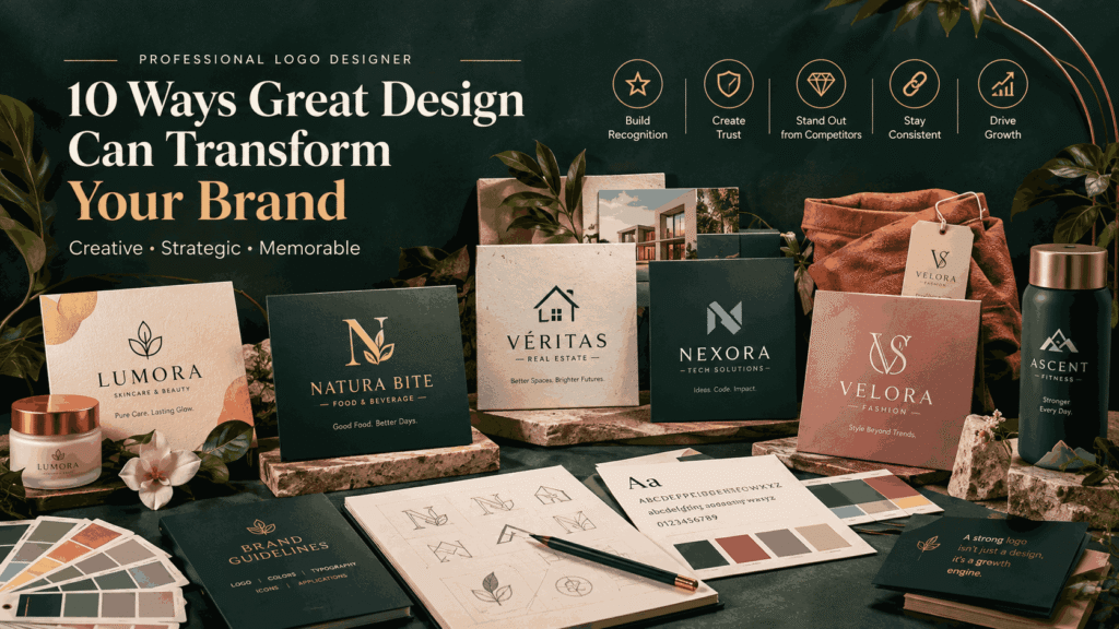 professional logo designer creating distinctive brand identity with logo concepts and packaging