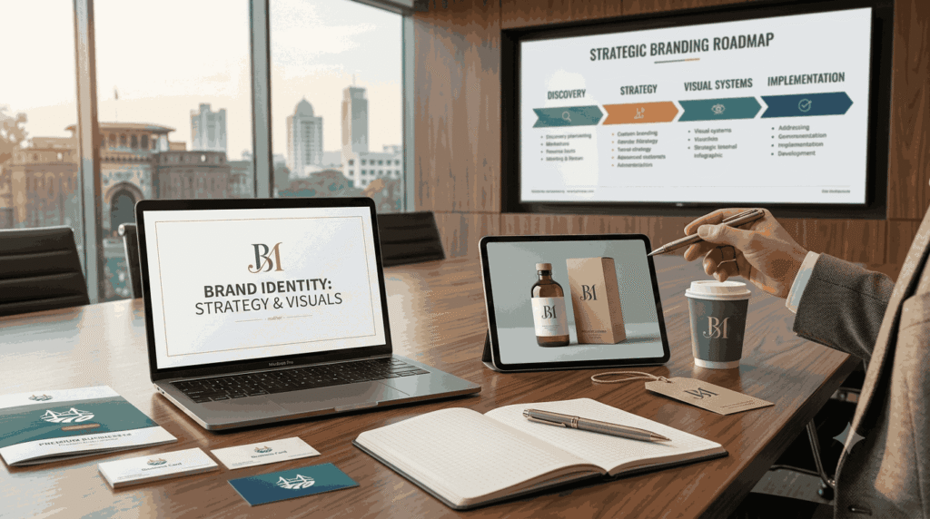 Top logo designer in Pune presenting a strategic brand identity roadmap on digital displays, laptops, tablets, and product packaging mockups