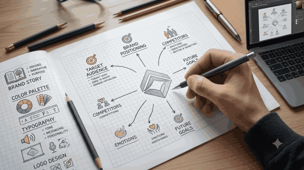 Top logo designer in Pune sketching a strategic brand identity blueprint showing target audience mapping, positioning, and logo design research