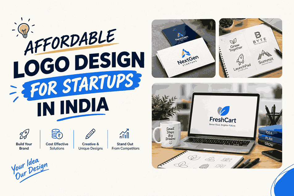 Affordable logo design for startups in India featuring creative logo concepts and branding mockups on a laptop and business stationery.