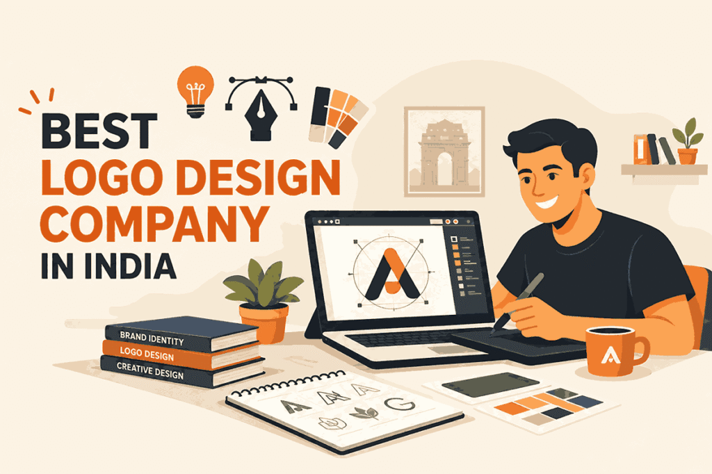 Best logo design company in India featuring a creative designer working on logo concepts using a laptop, digital drawing tablet, color palettes, and branding sketches.