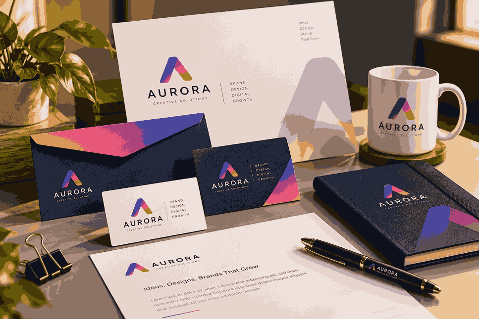 Brand identity design featuring a matching logo, business cards, envelopes, stationery, notebook, and coffee mug for Professional Logo Designer In India