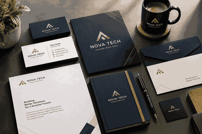 Logo Design Agency for Startups in India mockup featuring matching logo cards, letterhead, envelopes, a notebook, a branded coffee mug, and premium navy and gold stationery.