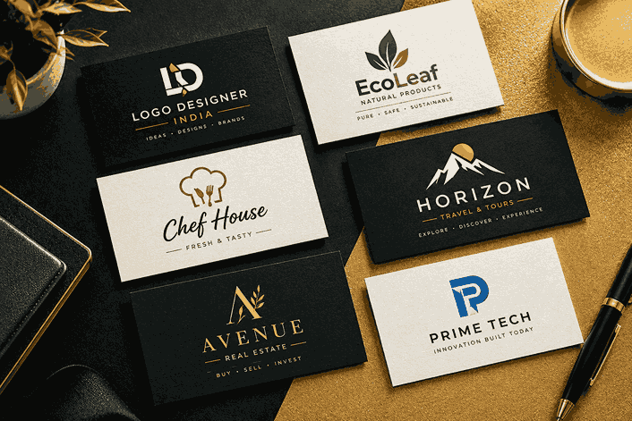 Minimalist logo design service in india featuring Logo Designer India, EcoLeaf, Chef House, and Horizon on a luxurious black and gold background