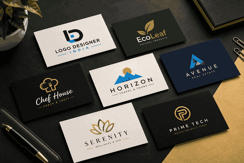 Affordable Logo Design for Startups in India, featuring Logo Designer India, EcoLeaf, Chef House, and Horizon on a black and gold background