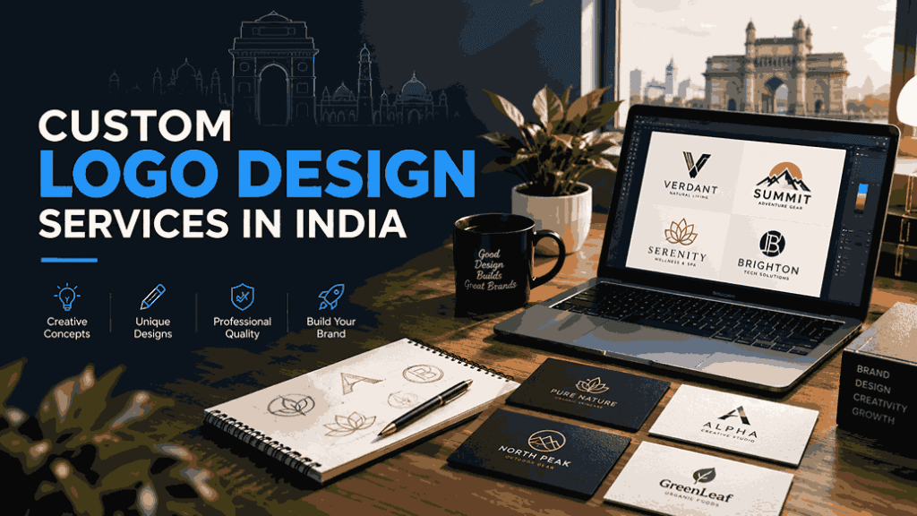 Custom logo design services in India featuring professional logo concepts, business cards, and creative branding mockups.