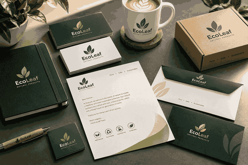 How to Choose a Logo Designer for Your Business mockup featuring branded business cards, stationery, envelopes, packaging, and a coffee mug with a matching green leaf logo