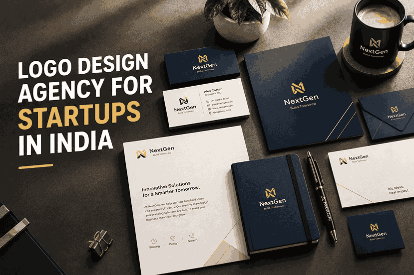 Logo design agency for startups in India featuring premium navy and gold branding, business cards, letterhead, envelopes, and a branded notebook.