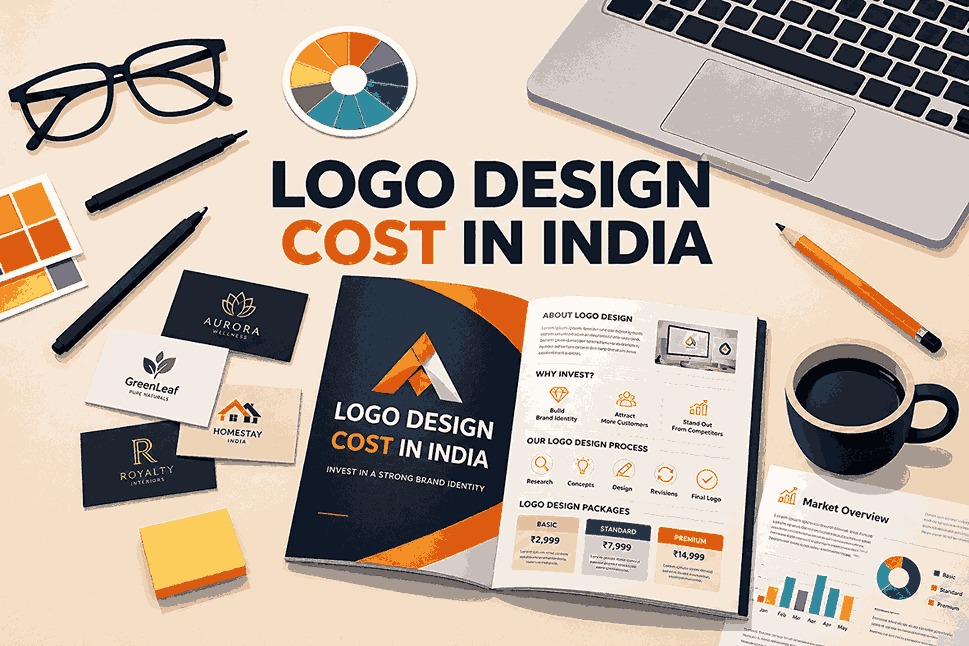 Logo design cost in India featuring logo concept sketches, branding samples, color palettes, and a pricing guide on a creative workspace.