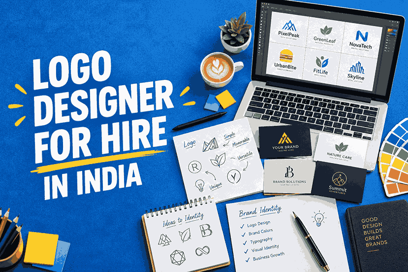 Logo designer for hire in India featuring logo concepts, branding cards, a laptop with logo designs, and creative workspace tools.
