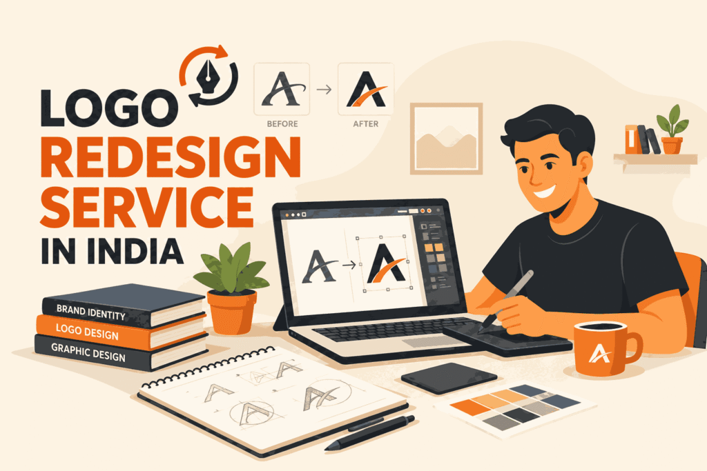 Logo redesign service in India featuring before-and-after logo concepts, a designer working on a laptop, logo sketches, branding books, and color palettes.