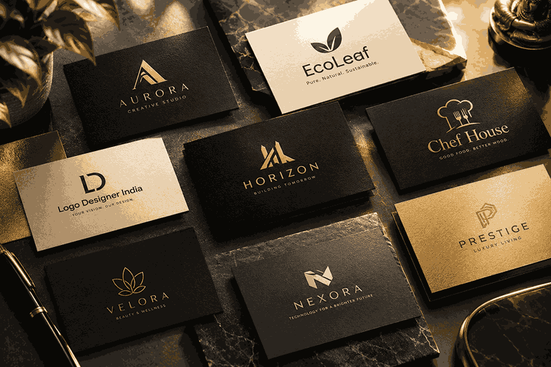Best Logo Design Company in India mockup featuring black, gold, and cream business cards with premium logo designs on textured dark backgrounds.