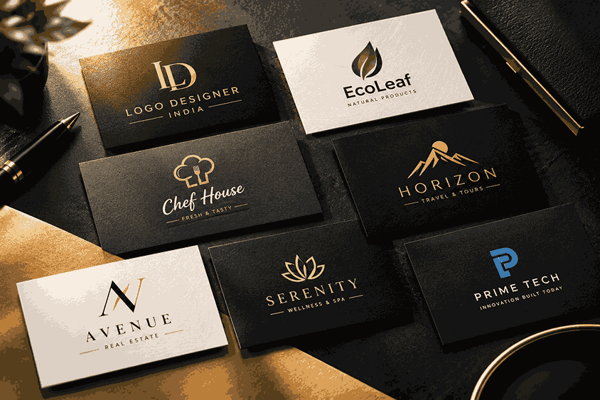 Logo Designer for Hire in India mockup featuring premium business cards on black, charcoal, and gold textured backgrounds