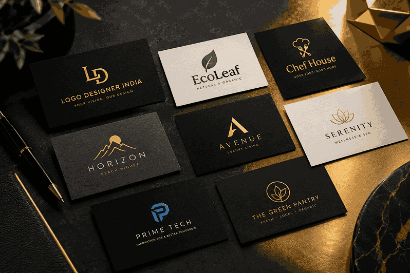 Custom logo design services in india mockup featuring premium black, charcoal, and gold business cards with creative brand identities.