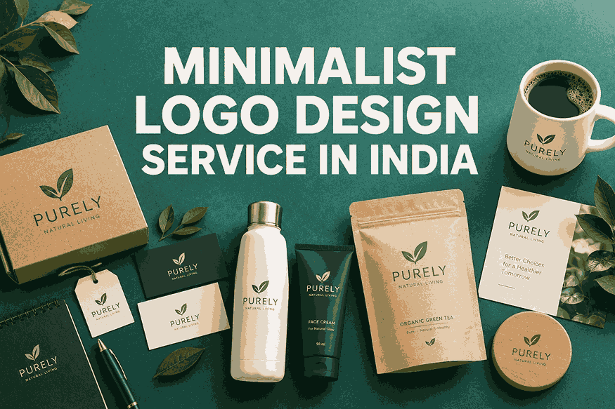 Minimalist logo design service in India featuring elegant leaf logos, eco-friendly product packaging, branded stationery, bottles, and a coffee mug on a teal background.