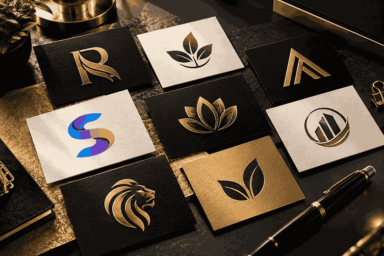 Logo Design Cost in India mockup featuring multiple gold and black branding cards with elegant logos, textured backgrounds, and cinematic lighting.