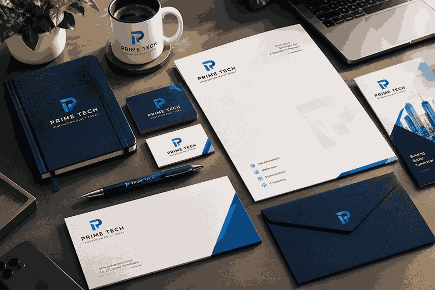 Logo Redesign Service in India design mockup featuring branded business cards, stationery, envelopes, notebook, pen, and coffee mug in a professional blue and white theme