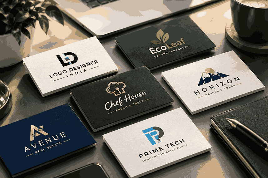 Top logo designers in india business cards featuring Logo Designer India, EcoLeaf, Chef House, Horizon, Avenue, and Prime Tech in a 3D desk mockup