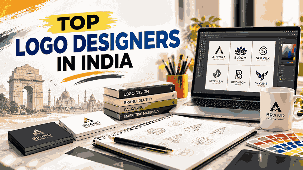 Top logo designers in India showcasing creative logo concepts on a laptop, logo sketchbook, business cards, branding books, and color palette.