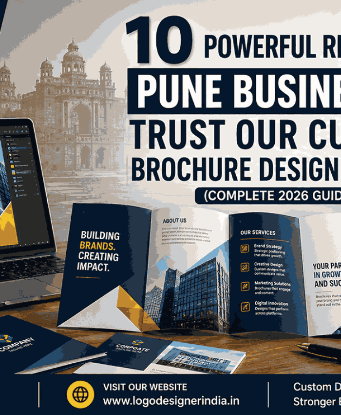 Professional blog cover showcasing custom brochure design service in Pune by Logo Designer India with brochure mockups, designer workspace, contact details, and modern corporate branding.