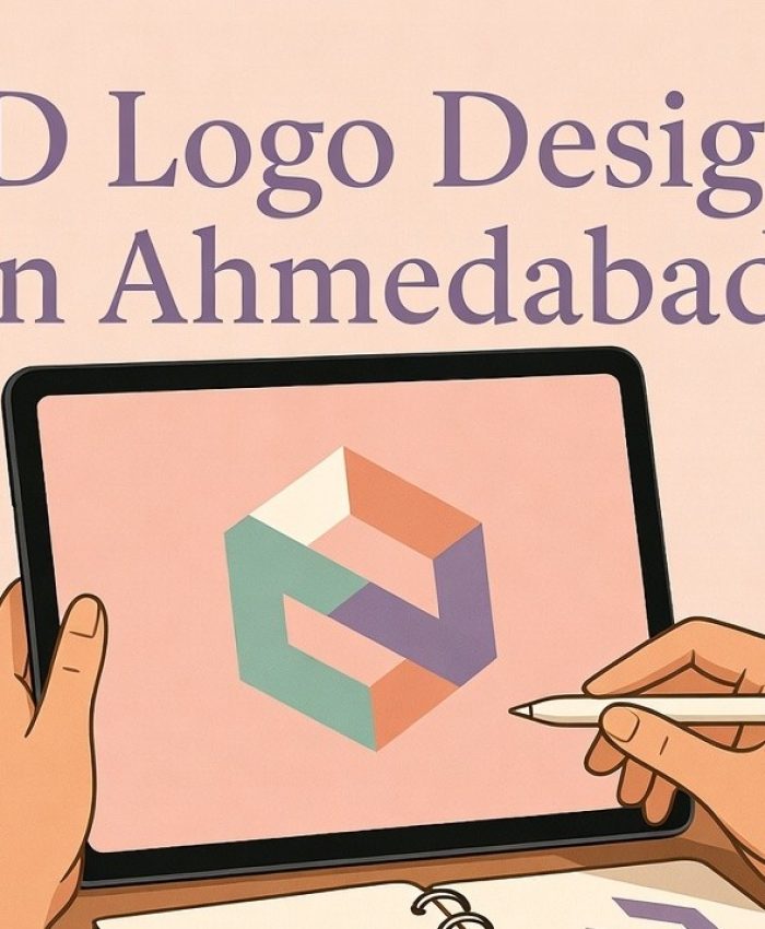 3D Logo Design in Ahmedabad - Professional graphic designer creating modern 3D logo on laptop and notepad in creative workspace