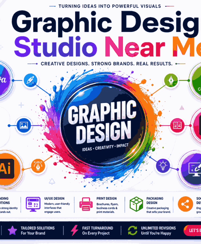 Modern graphic design infographic showcasing creative tools, branding workflow, and professional design services.