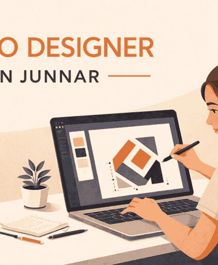 Flat minimalist illustration of a logo designer in Junnar creating a geometric logo on laptop in a modern workspace