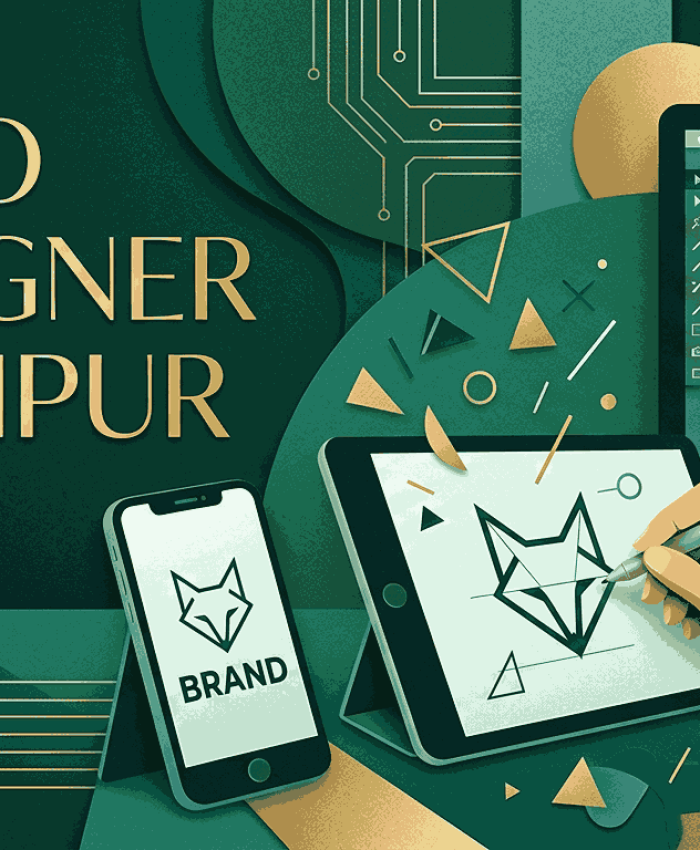 A logo designer in Jaipur is creating iconic brand identities with a fusion of modern design and Jaipur's artistic heritage. This image showcases our process: sketching on a tablet, refining on a monitor, and presenting on mobile, all in a lush green paper-cut aesthetic.